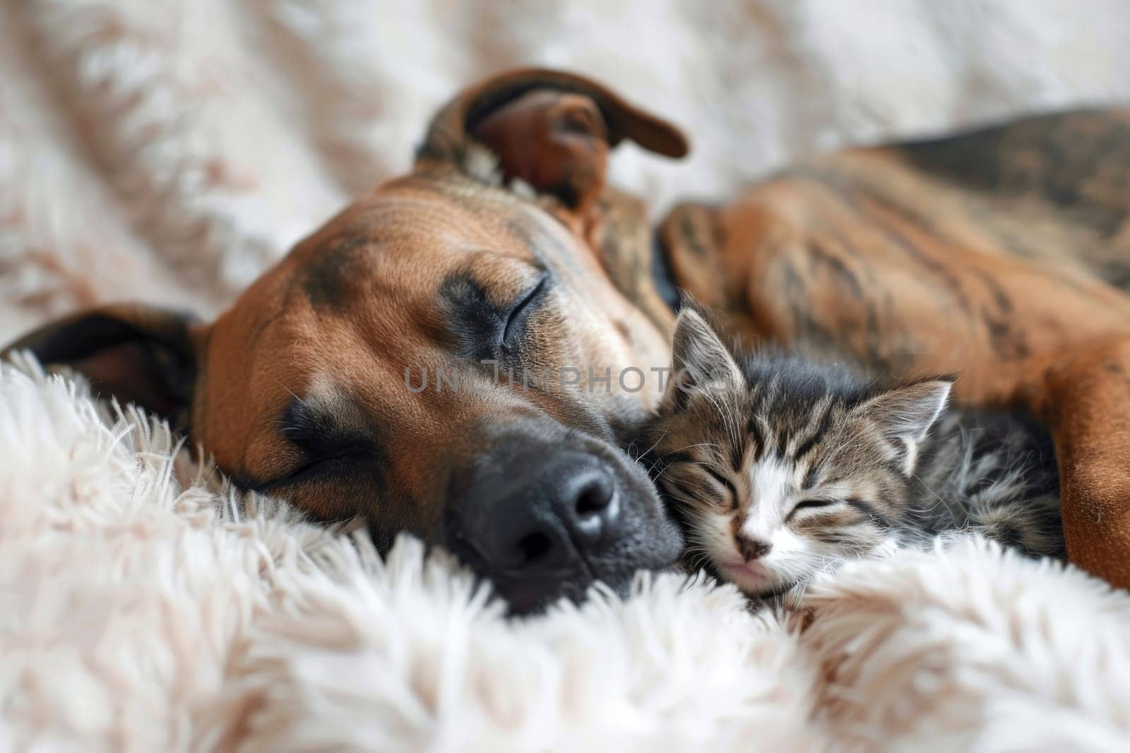 Close up cat and dog lying together on a cozy couch, Animals friendship by nijieimu