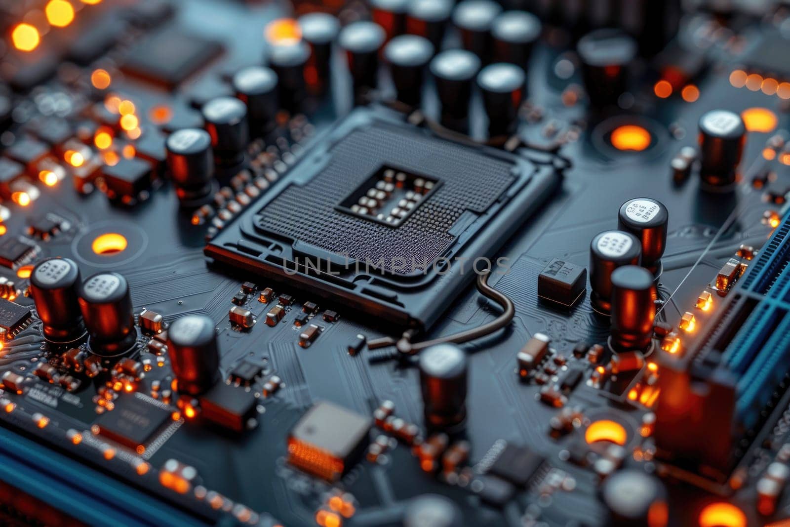 A close up of a circuit board with many small orange and black components by AI generated image.