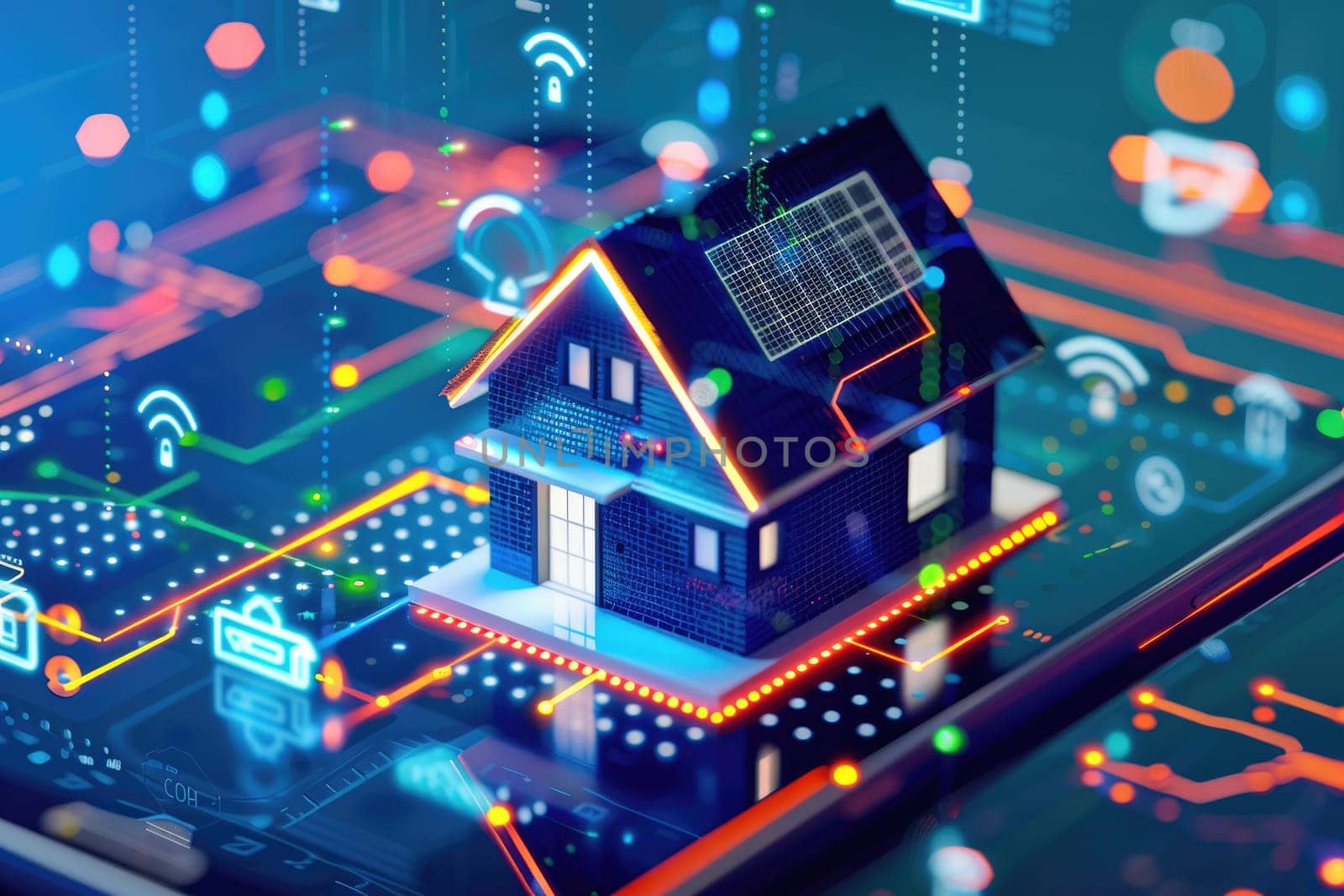 A house is lit up with neon lights and is on a circuit board by AI generated image.