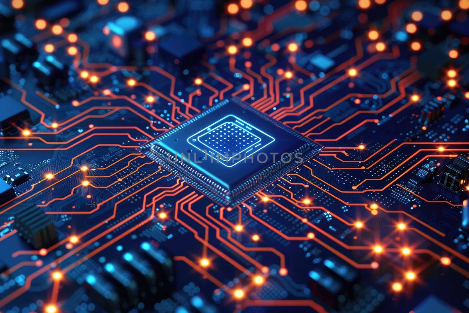 A close up of a circuit board with many small orange and black components by AI generated image.