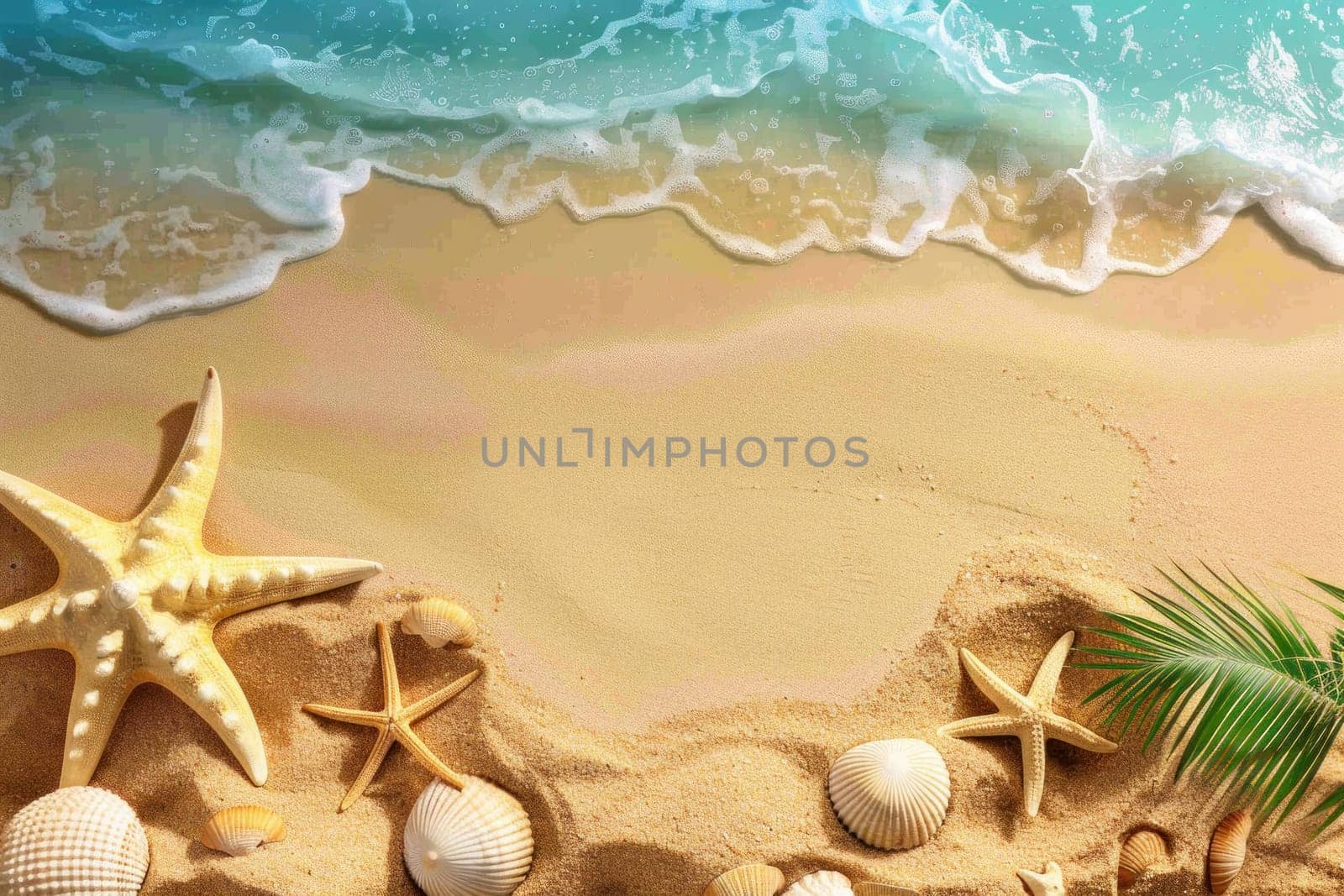 Top view sand beach background with beach vacation symbols. Generative AI.