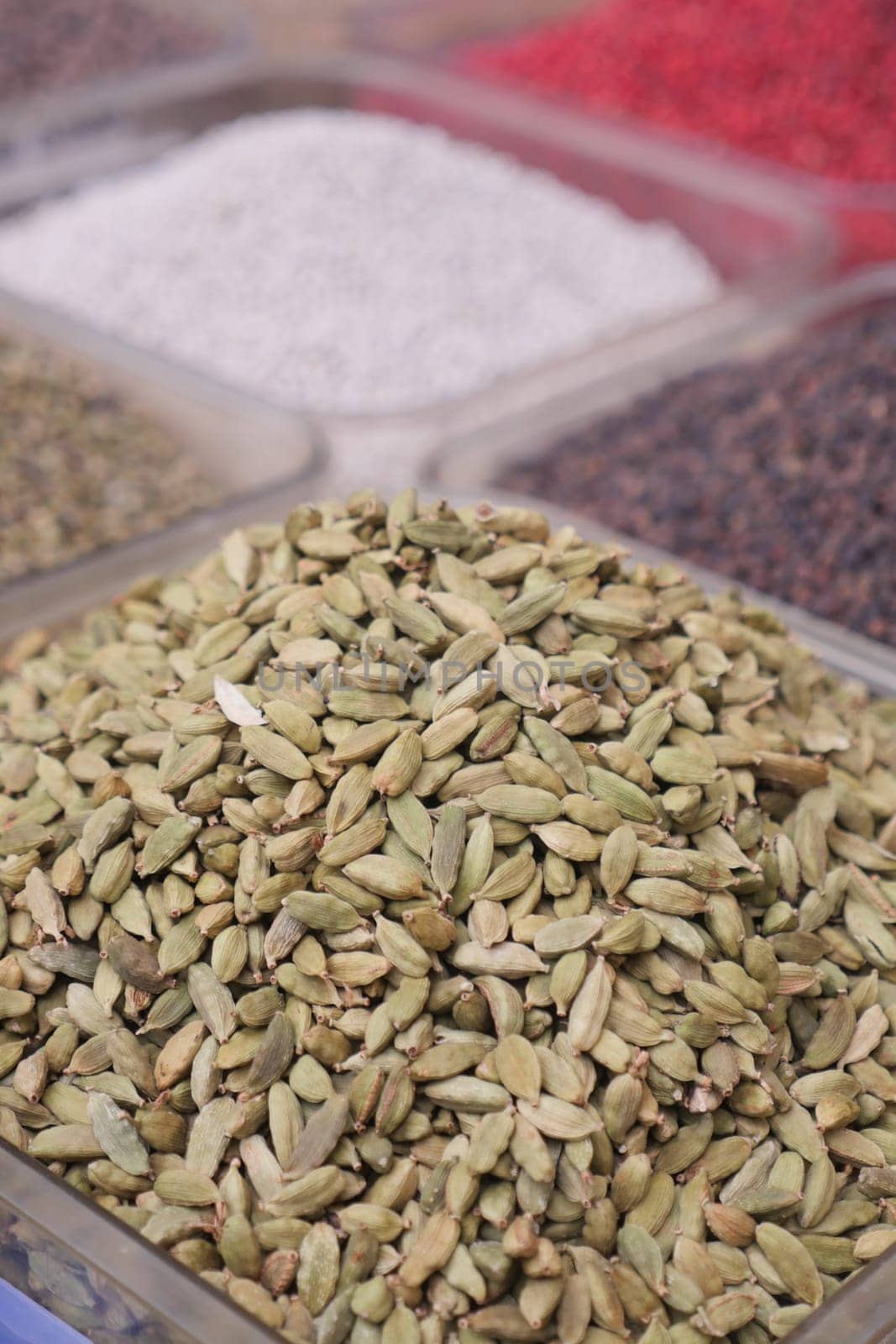 close up of stack of Cardamom selling at spice bazar