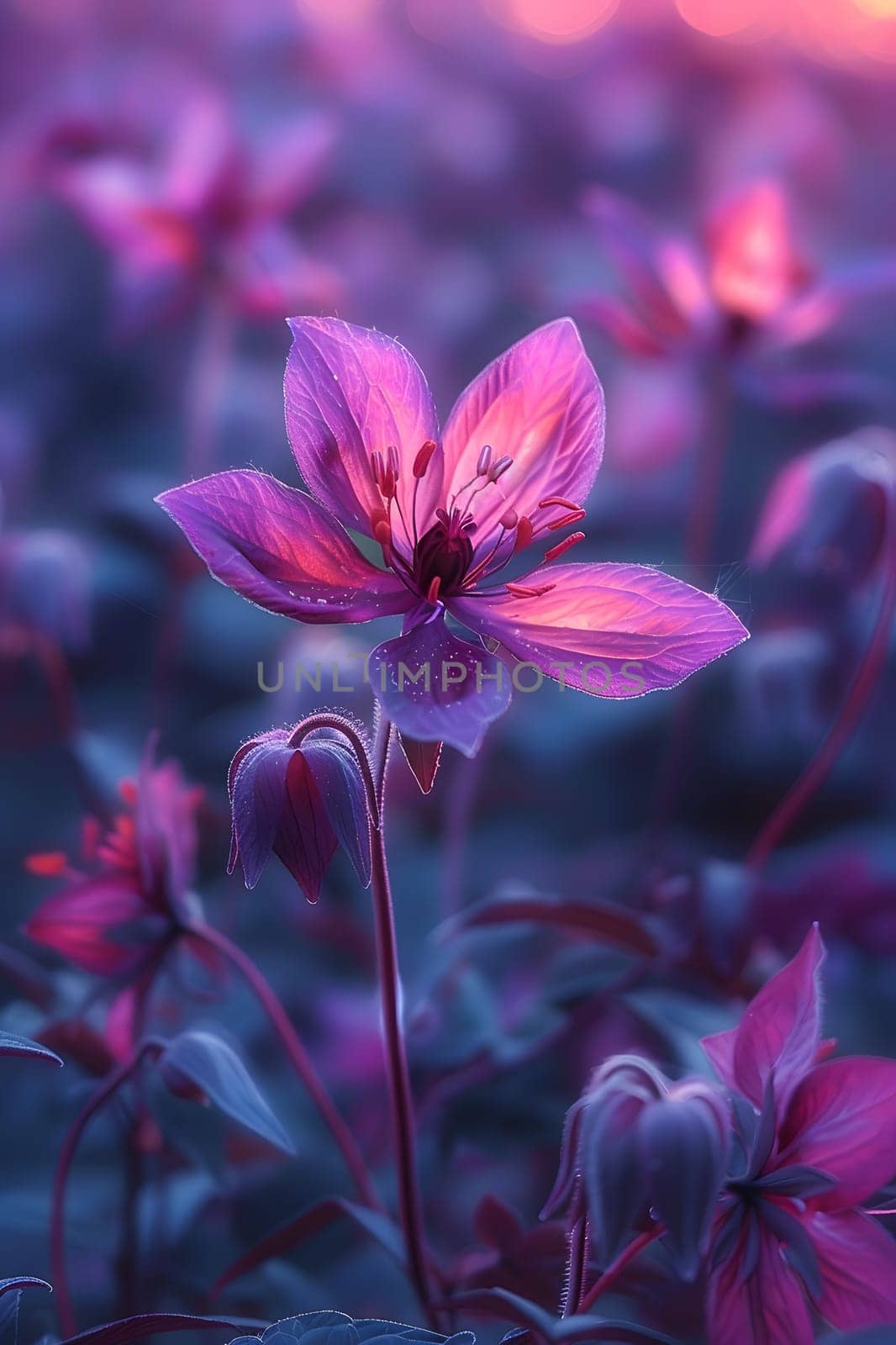 A stunning close up of a purple flower with delicate petals in a field, surrounded by natural landscape and a vibrant blue sky