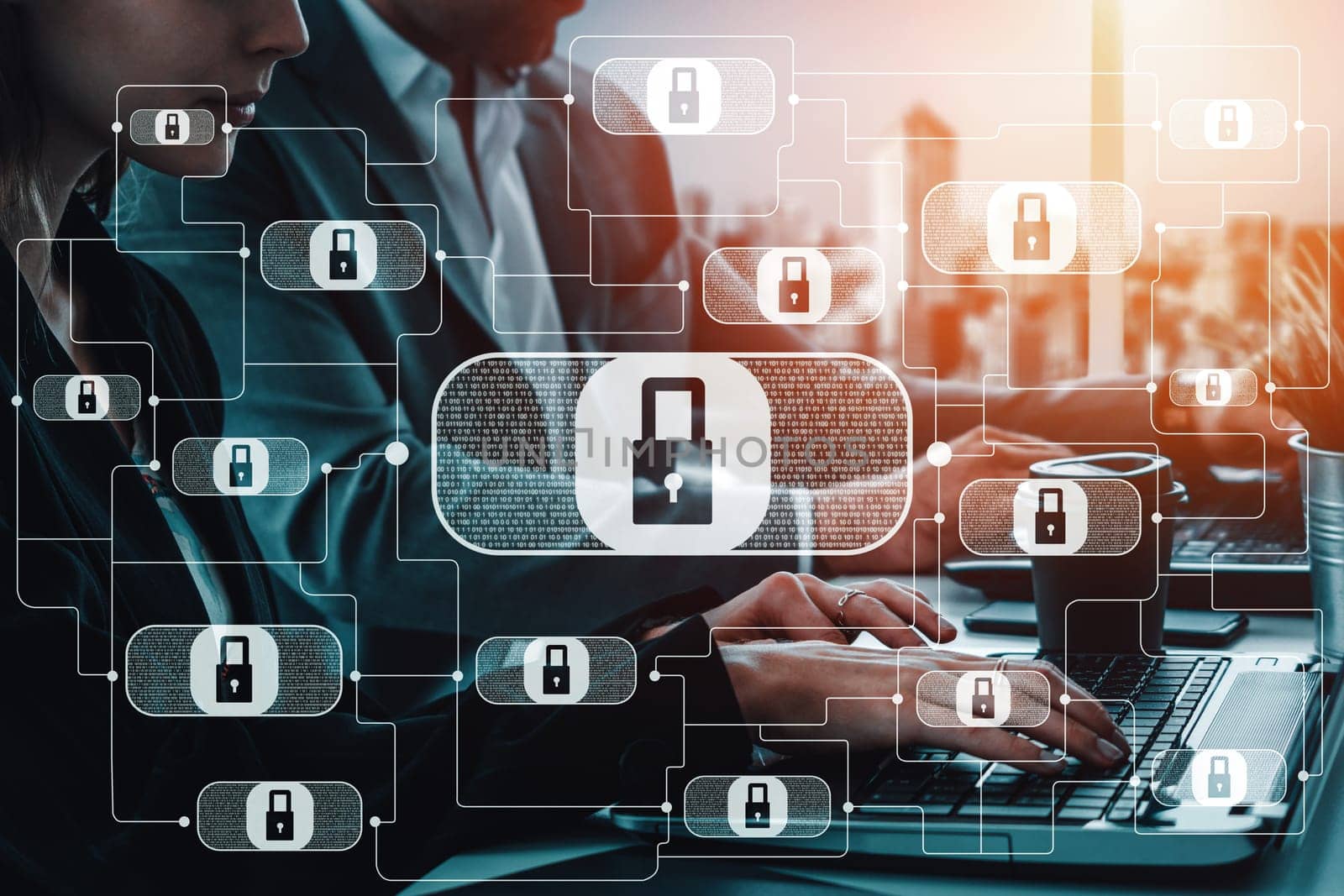 Cyber Security and Digital Data Protection Concept. Icon interface showing secure firewall technology for online data access defense against hacker, virus and insecure information for privacy. uds