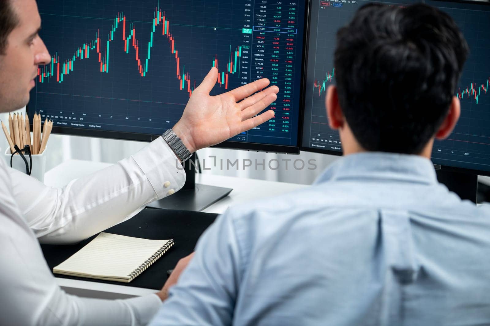 Investor stock office worker analyzing investment business trend on dynamic exchange rate database graph with monitor screen. Sharing information profit and loss in current situation crisis. Sellable.