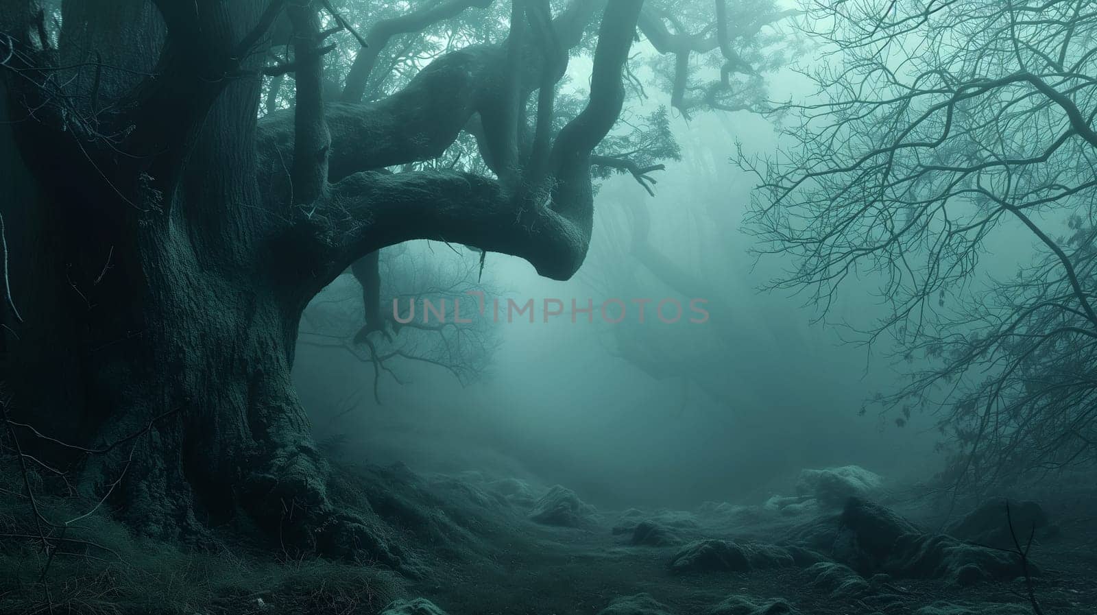 ethereal beauty of an old, mist-covered forest with gnarled trees and a mysterious path, evoking a sense of magic and solitude - Halloween background - Generative AI