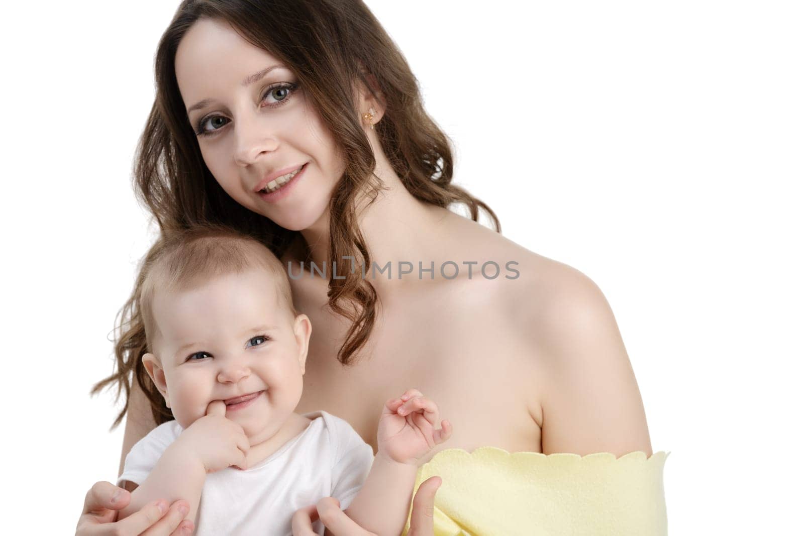 Beautiful woman and her adorable baby smiling by rivertime