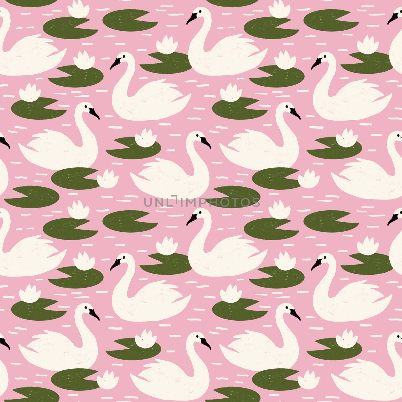 Hand drawn seamless pattern with white swans birds green water lily pond lake. Pink purple nature springtime summer garden, colorful kids nirsery children print, doodle crayon style wildlife