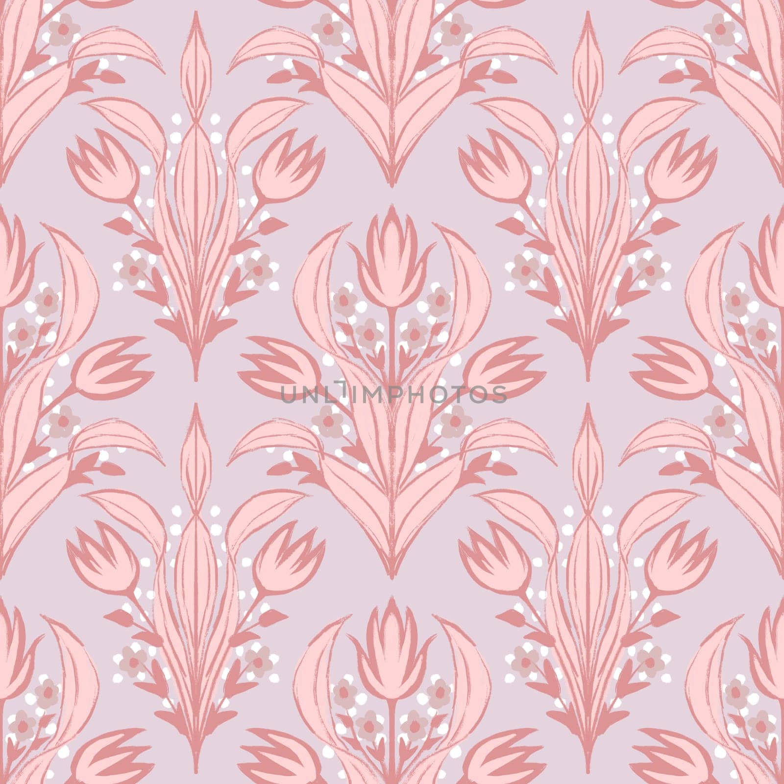 Hand drawn seamless pattern of pink pastel tulip flowers in victorian vintage retro style. Floral bouquets in beige white elegant arrangements, for wallpaper wrapping paper textile, decoration fabric. by Lagmar