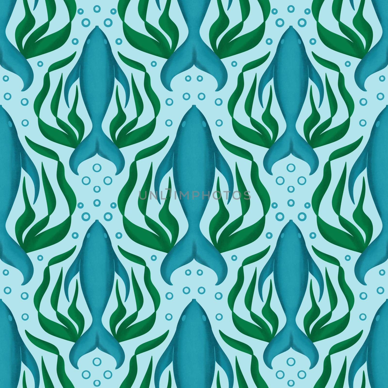 Hand drawn seamless pattern with blue fish green seaweed algae. Elegant victorian marine nautical under the sea ocean print, nature ecology design, lake kelp aquatic botanical