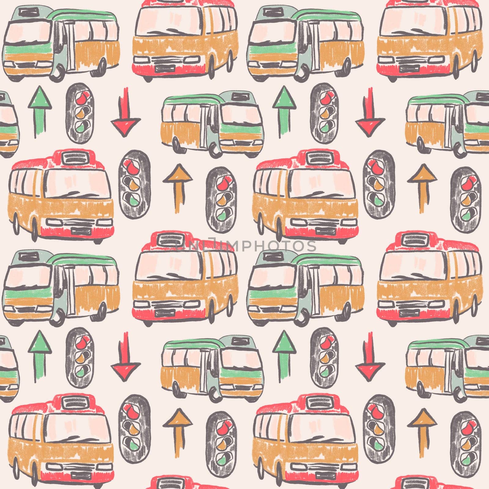 Hand drawn seamless vintage pattern with buses traffic light public transport. Retro asian hong kong cars automobile graphic doodle yellow beige red print, trendy decorative fabric vehicle cartoon. by Lagmar
