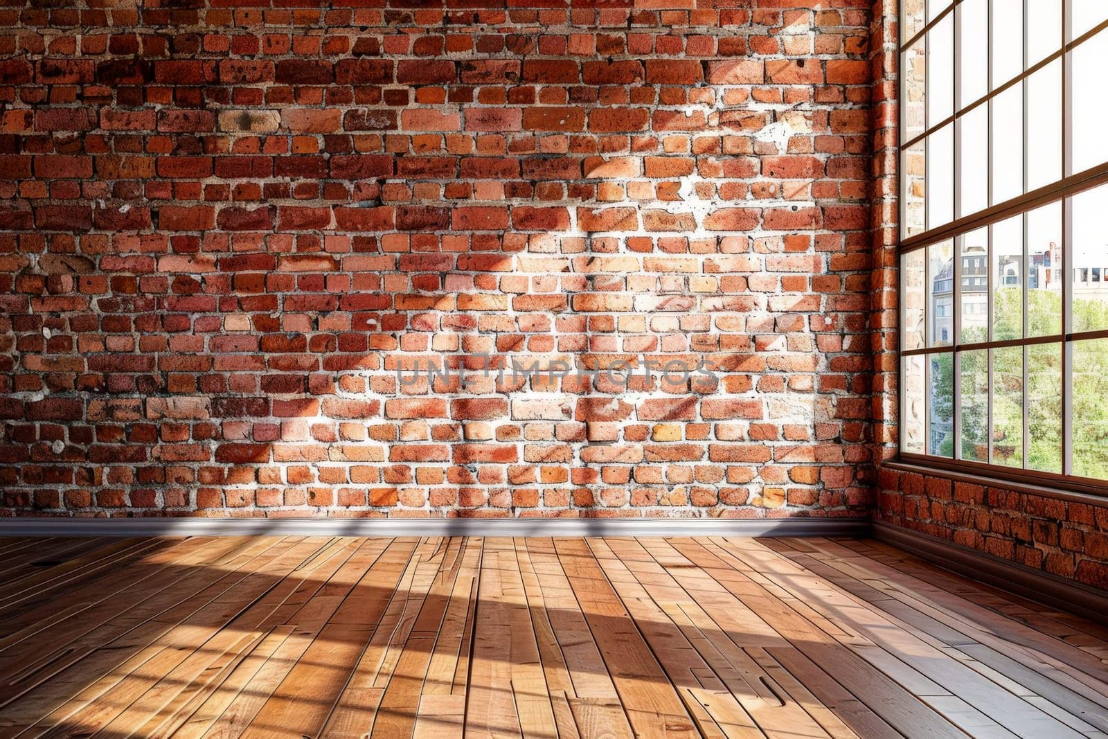 Red brick wall texture and wood floor background, Generative AI.