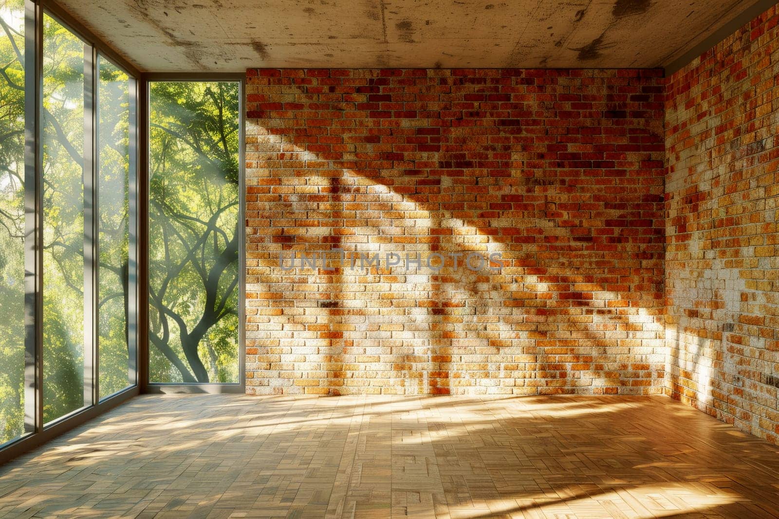 Red brick wall texture and wood floor background, Generative AI.