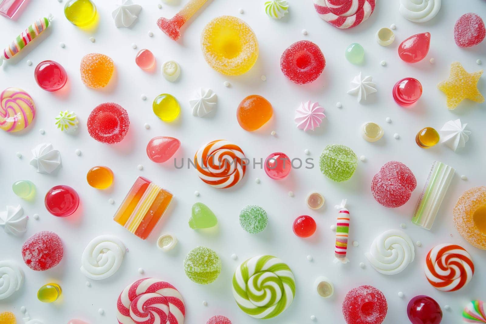 assorted jelly gum fruit candy on white background top view. Generative AI..