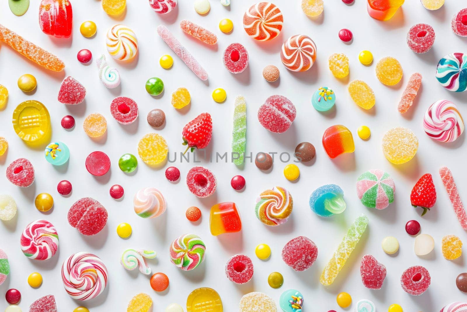 assorted jelly gum fruit candy on white background top view. Generative AI..