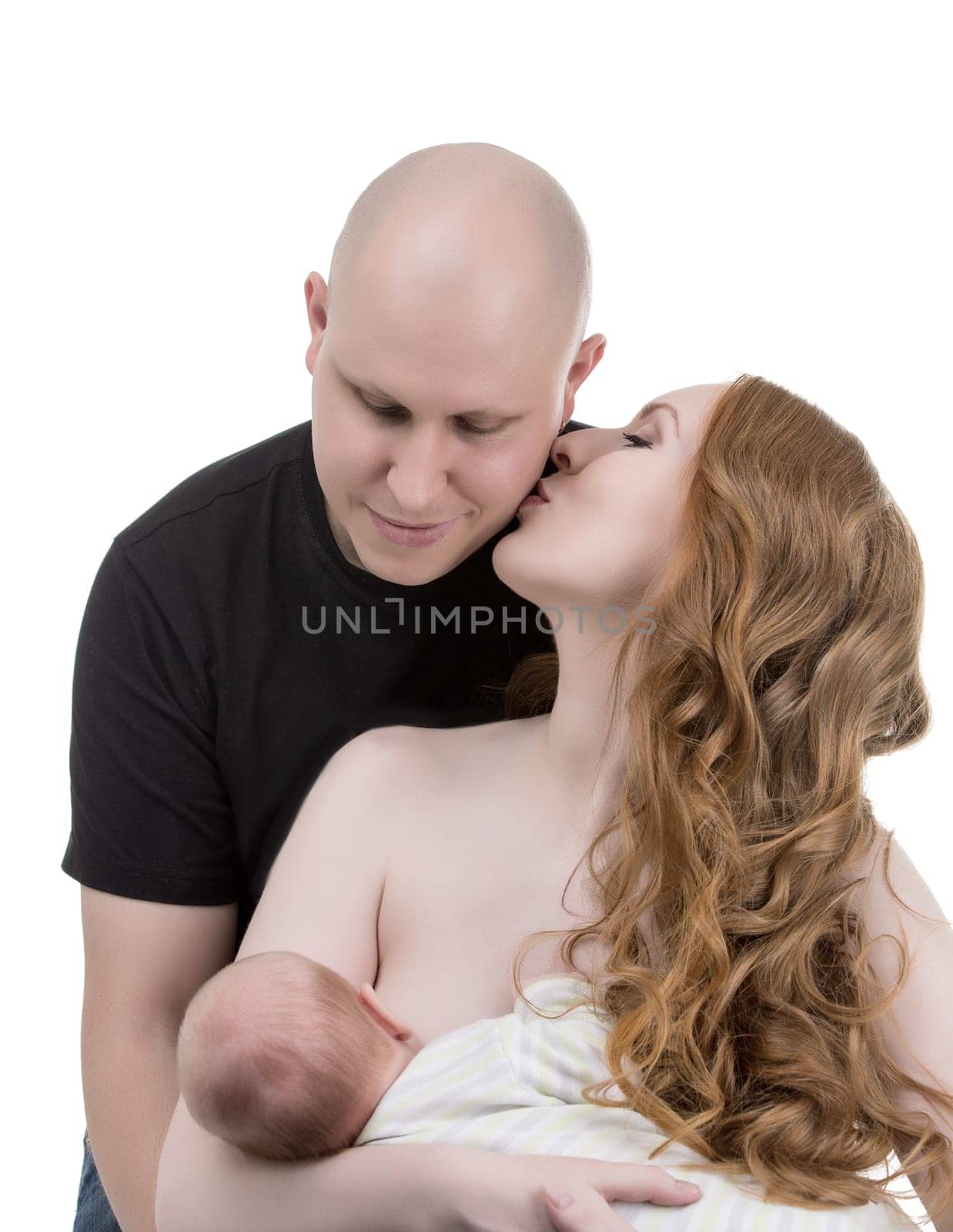 Happy parents with baby, isolated on white backdrop