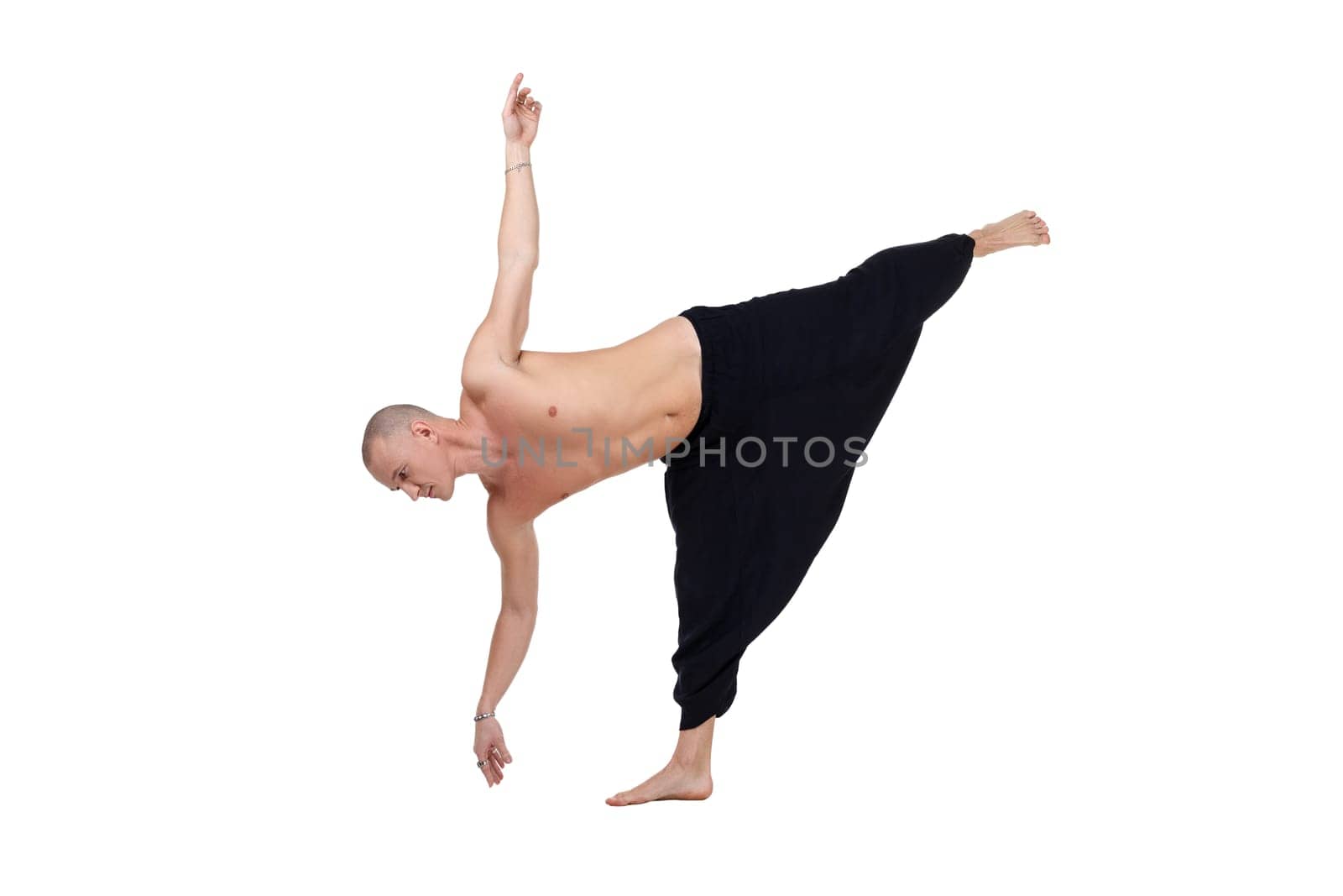 Yoga. Middle-aged man performs asana, isolated on white