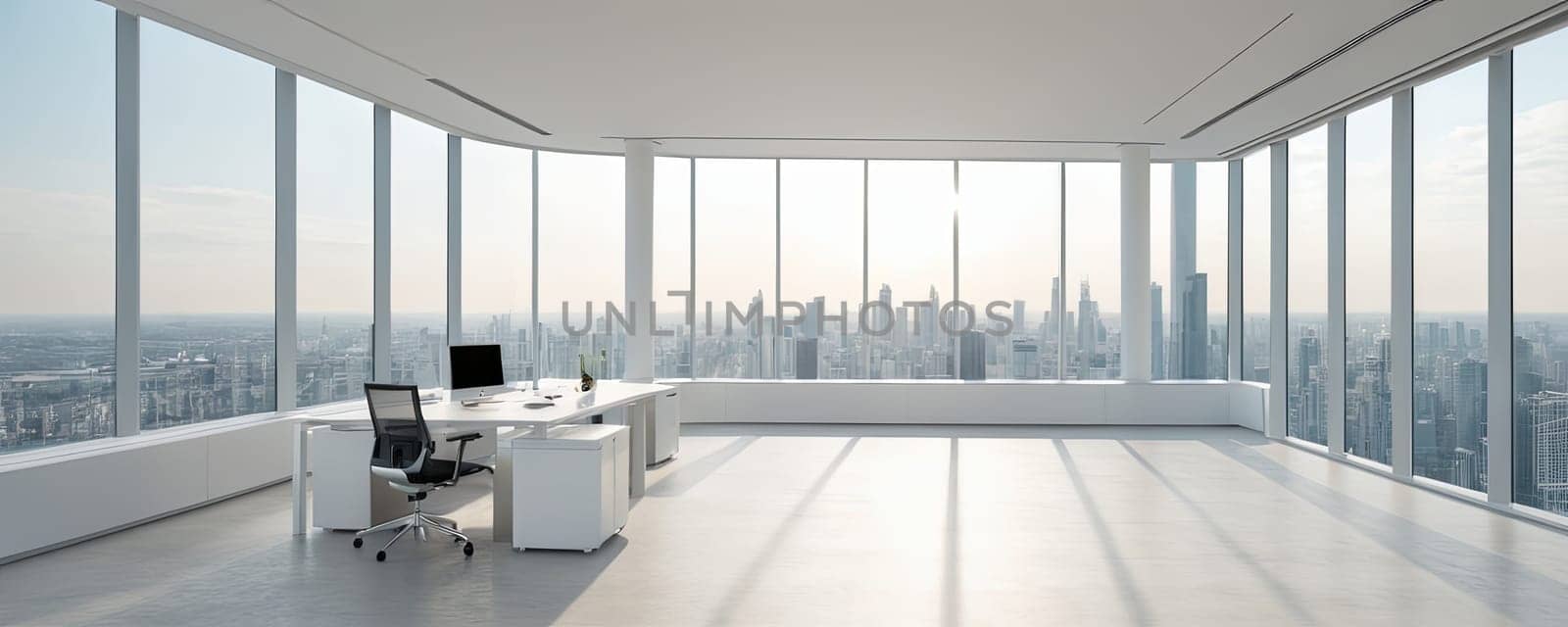 Empty office, high-rise building, city skyline view