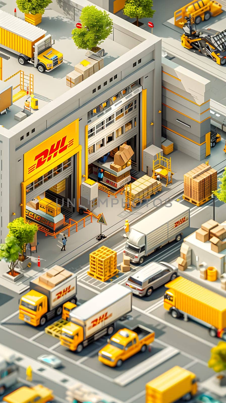 Yellow trucks and cars around DHL warehouse in urban setting by Nadtochiy