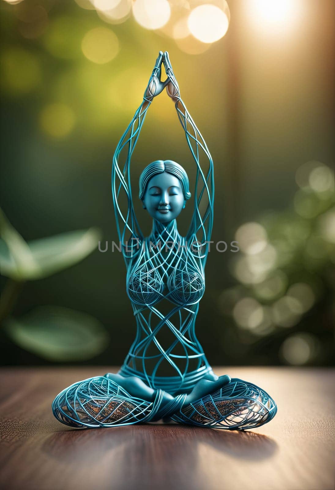 Woman in yoga pose, bent wire figure on nature backdrop, Creative figures symbol of yoga and harmony, art and serenity intersection. Female fitness yoga routine concept. Healthy lifestyle. by panophotograph