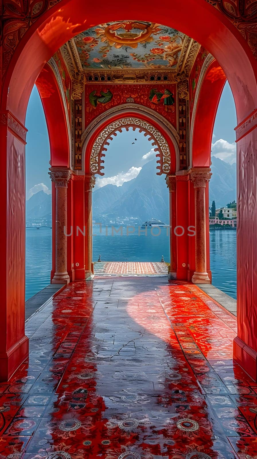 A grand red archway frames a serene body of water, creating a symmetrical and artistic scene. The reflection of the building and sky adds to the beauty of this rectangular arcade with columns