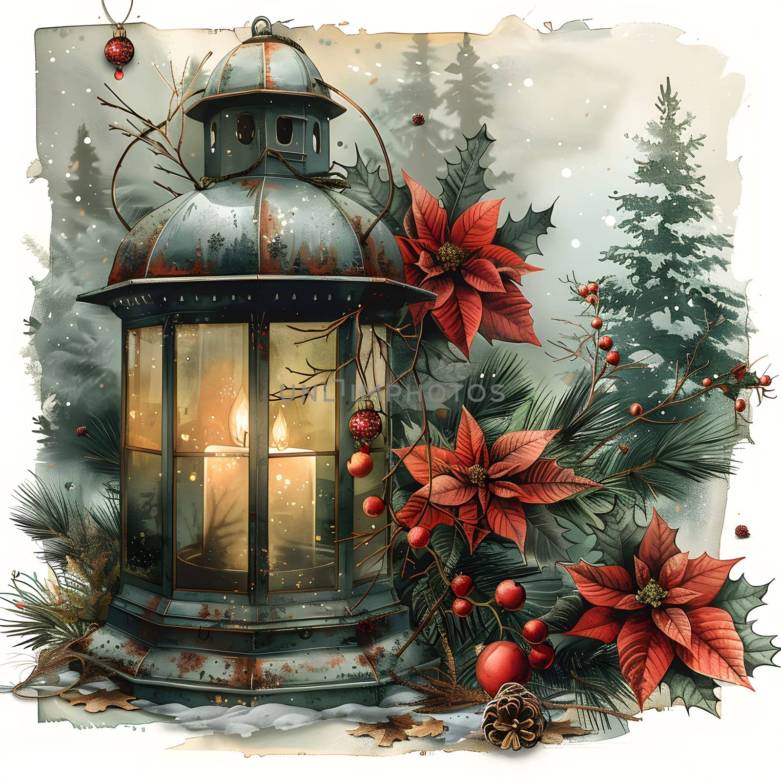 A lantern surrounded by evergreen branches, poinsettias, and pine cones by Nadtochiy