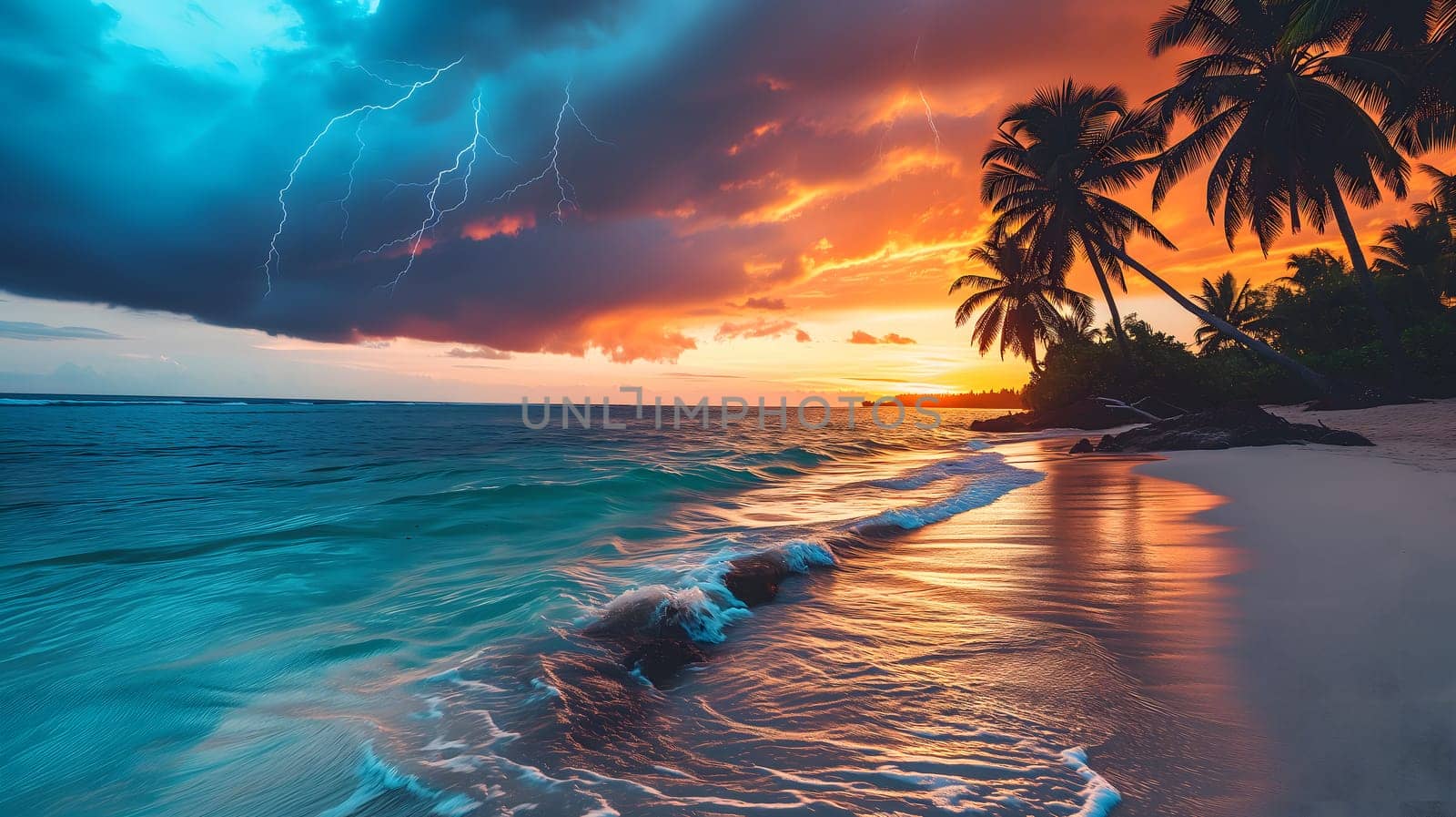 tropical beach view at cloudy stormy sunset with white sand, turquoise water and palm trees. Neural network generated image. Not based on any actual scene or pattern.