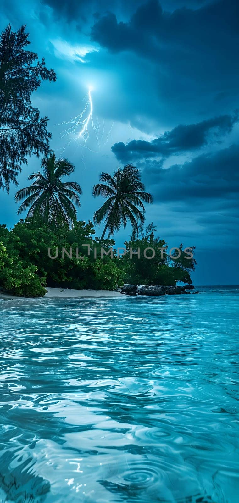 tropical beach view at cloudy stormy night with white sand, turquoise water and palm trees. Neural network generated image. Not based on any actual scene or pattern.