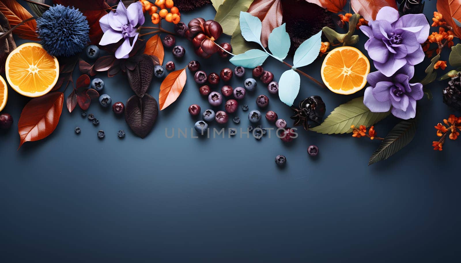 This vibrant image showcases a creative arrangement of oranges, berries, and leaves on a mesmerizing blue background. The composition exudes a sense of harmony and captures the beauty of natures bounty.