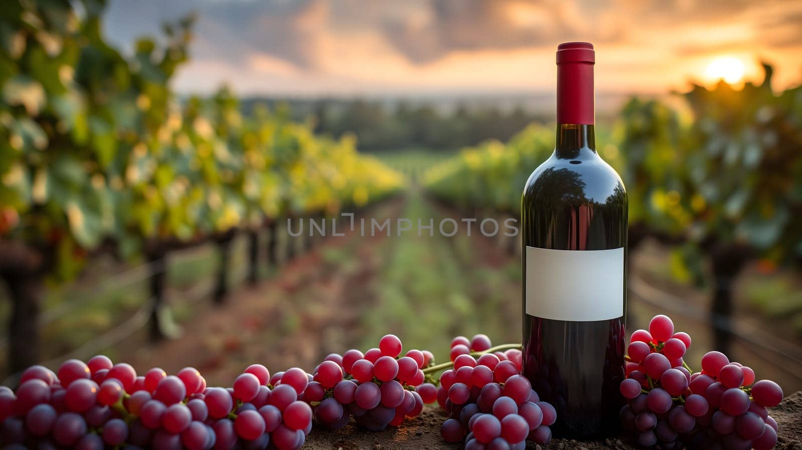 A red wine bottle in front of a landscape of grape farmland. Neural network generated image. Not based on any actual scene or pattern.