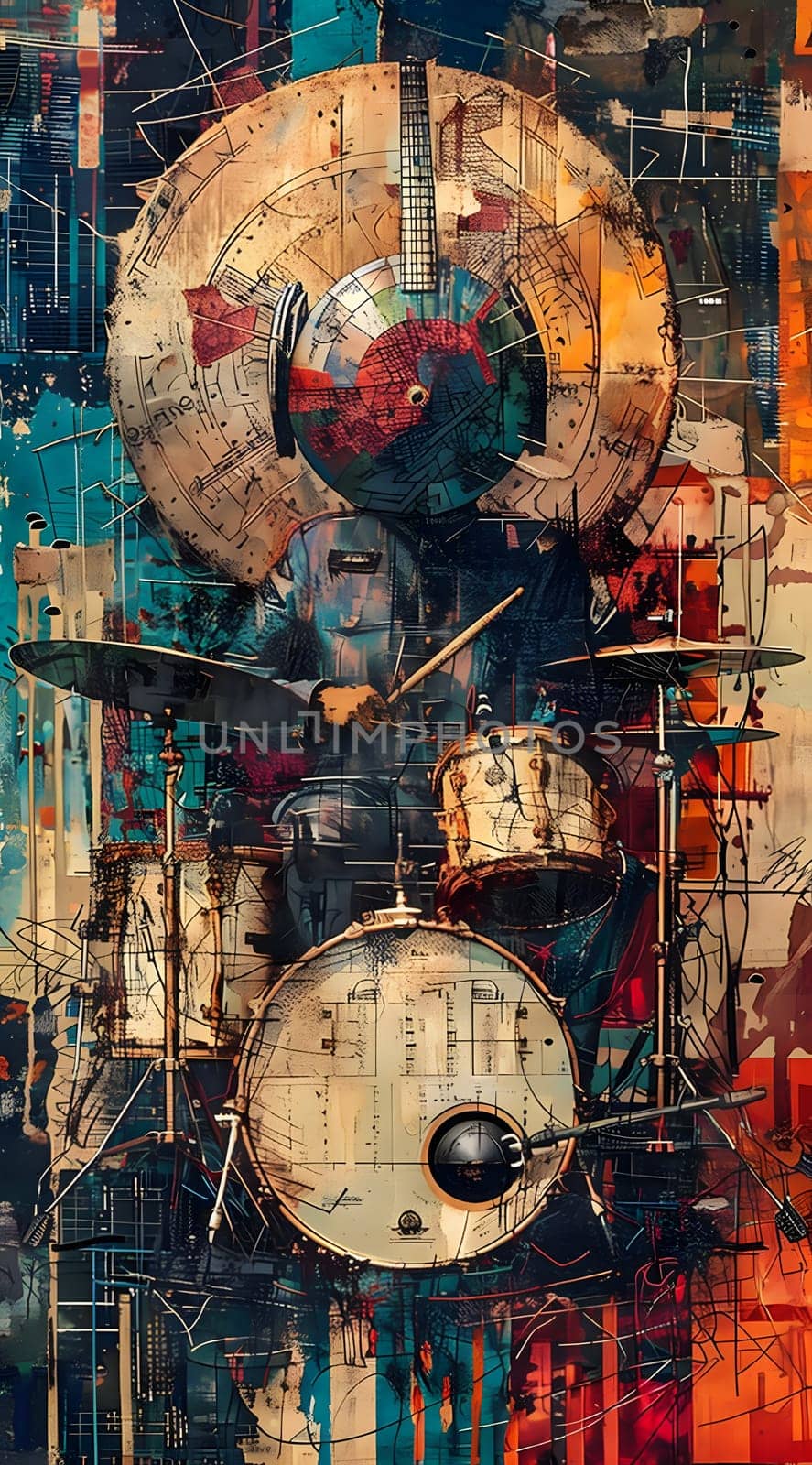 A vibrant painting showcasing a musician playing drums, showcasing various musical instruments such as membranophones and cymbals on a colorful background