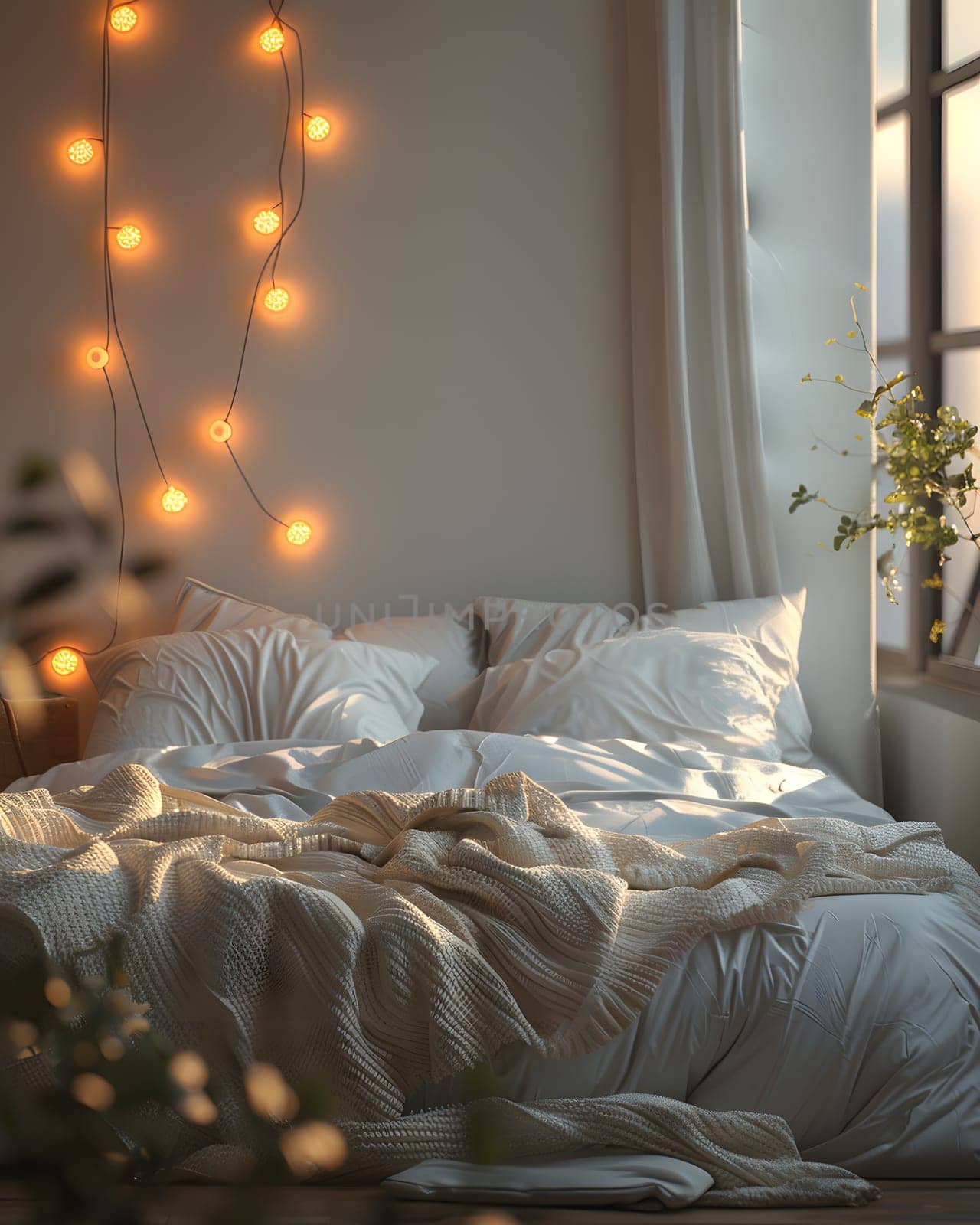 Comfortable bed with a wooden frame in a bedroom with hanging string lights by Nadtochiy