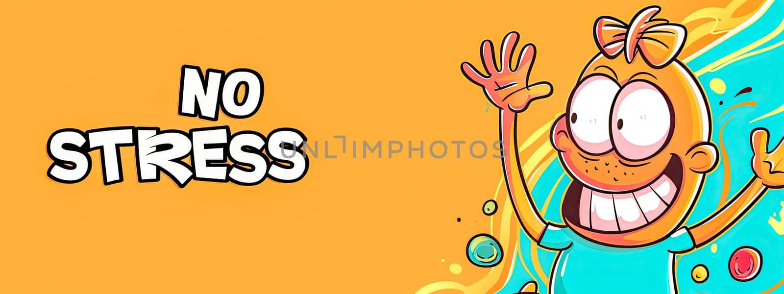 Vibrant cartoon illustration of a jovial character waving, emblazoned with no stress message