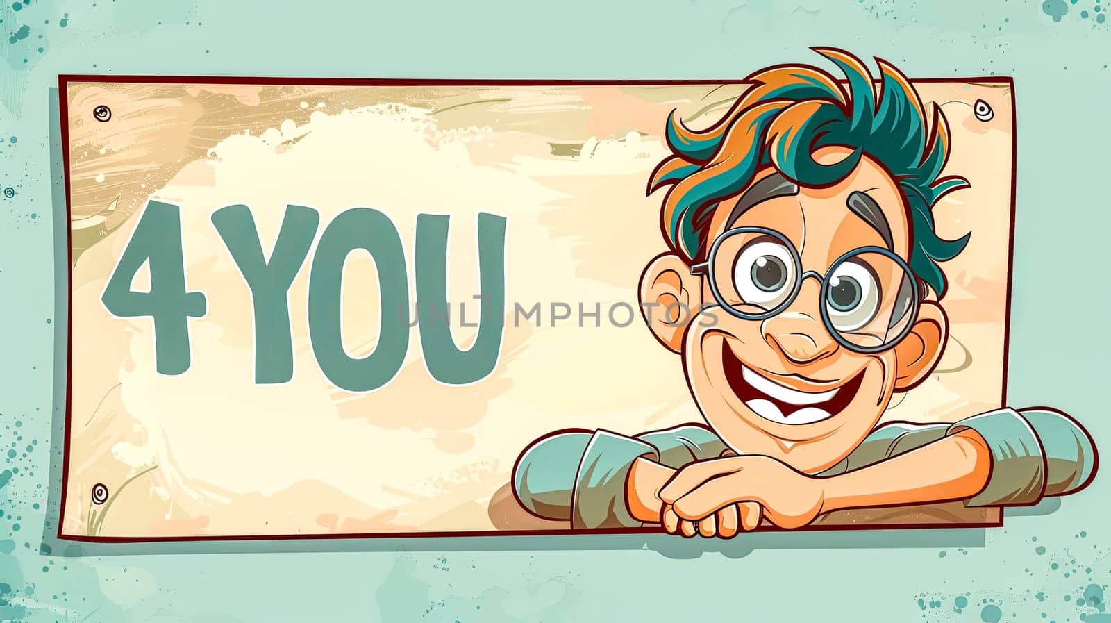 Colorful illustrated banner with a cheerful cartoon boy mascot leaning over a 4you sign