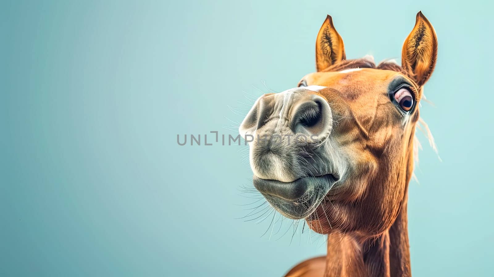 Amused horse on blue background by Edophoto