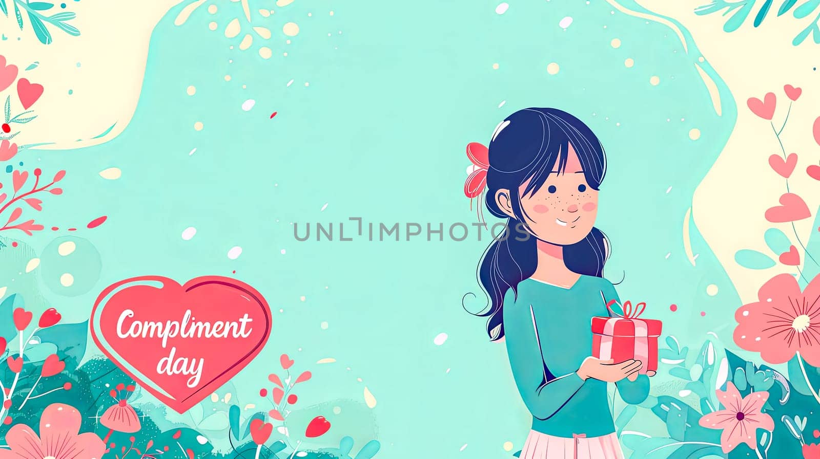 Illustration of a delighted girl holding a red gift, celebrating compliment day amid a floral backdrop