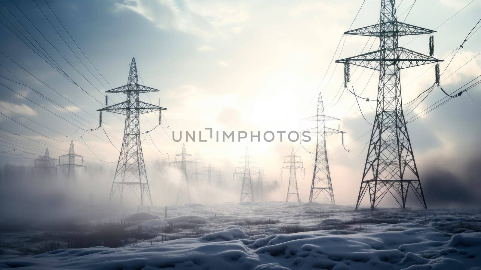 High voltage electrical line. High voltage power transmission tower against a background of blue sky and sun. Electric current runs through wires