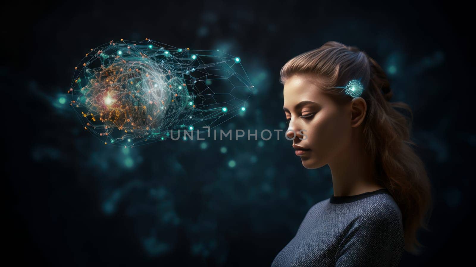 A girl woman connected neural networks with AI. confrontation between humanity artificial intelligence. Big data transmission protocol system. Robotics or artificial intelligence artificial intelligence connecting human interaction. Chatbot software