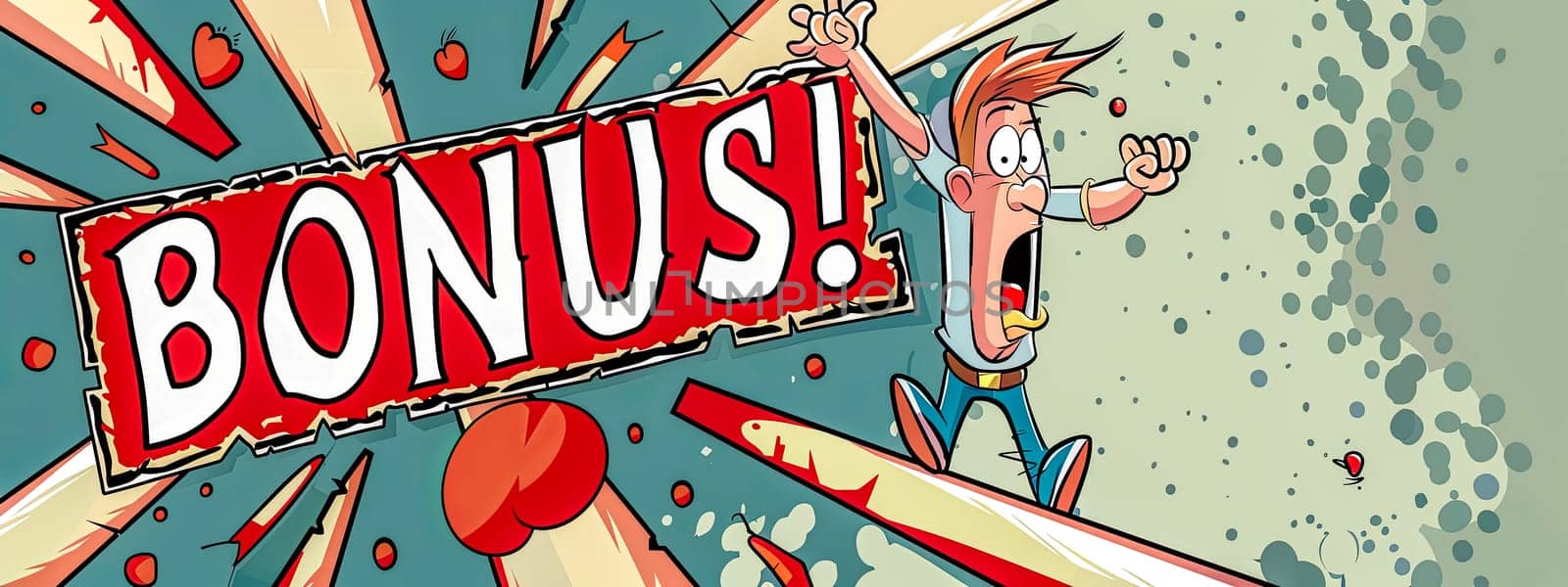 Vibrant illustration of a cartoon man running towards a 'bonus!' sign with a surprised expression