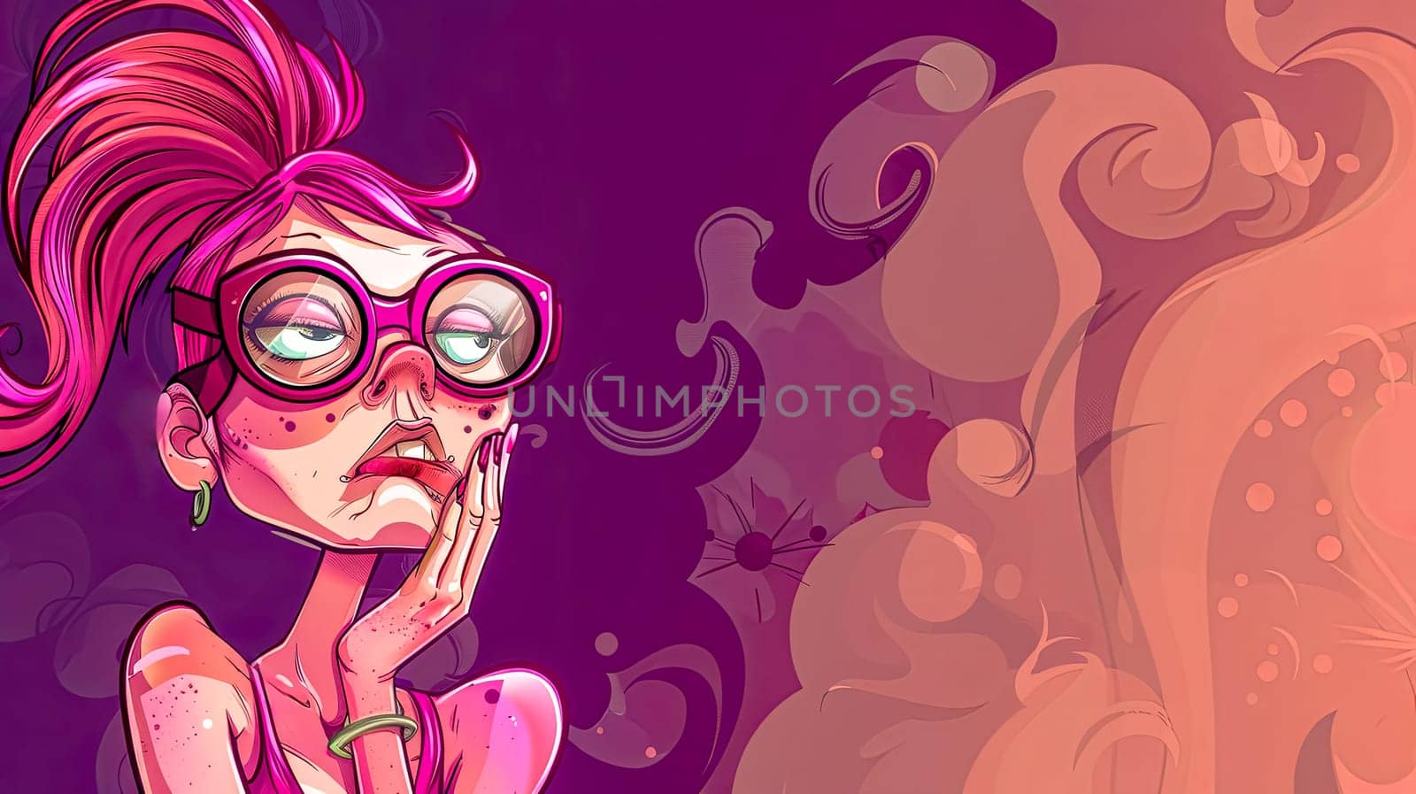 Illustration of a young female cartoon character with glasses, showing boredom on a vibrant purple background