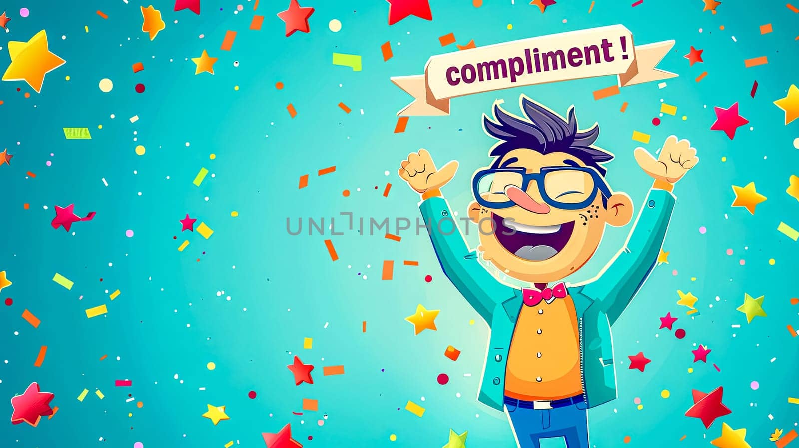 Joyful cartoon character celebrating with confetti by Edophoto