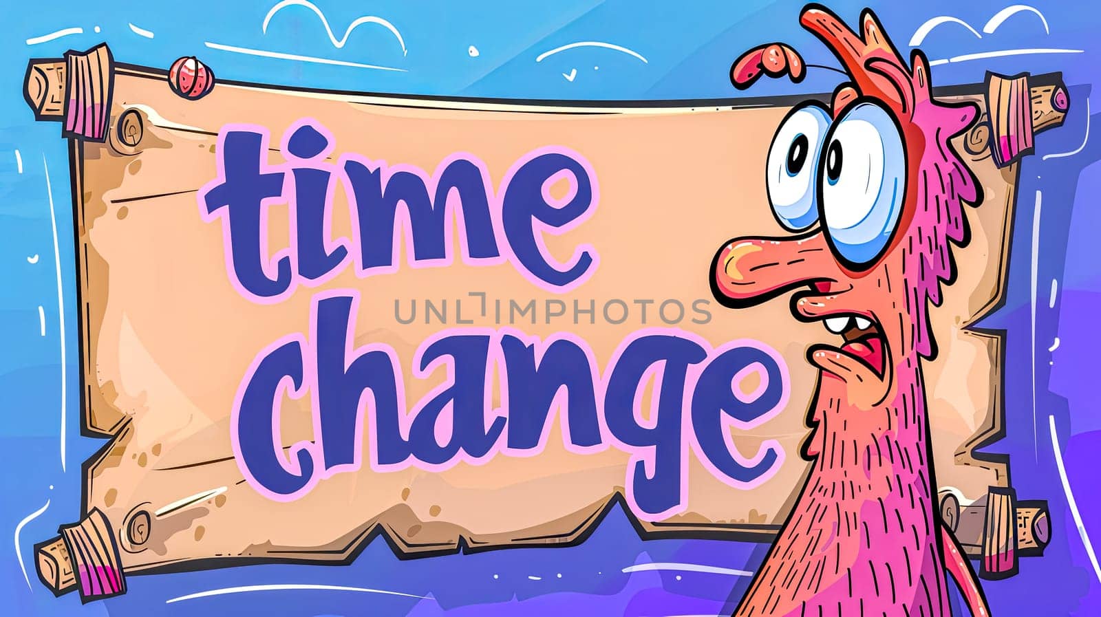 Colorful cartoon image of a surprised character with a time change banner
