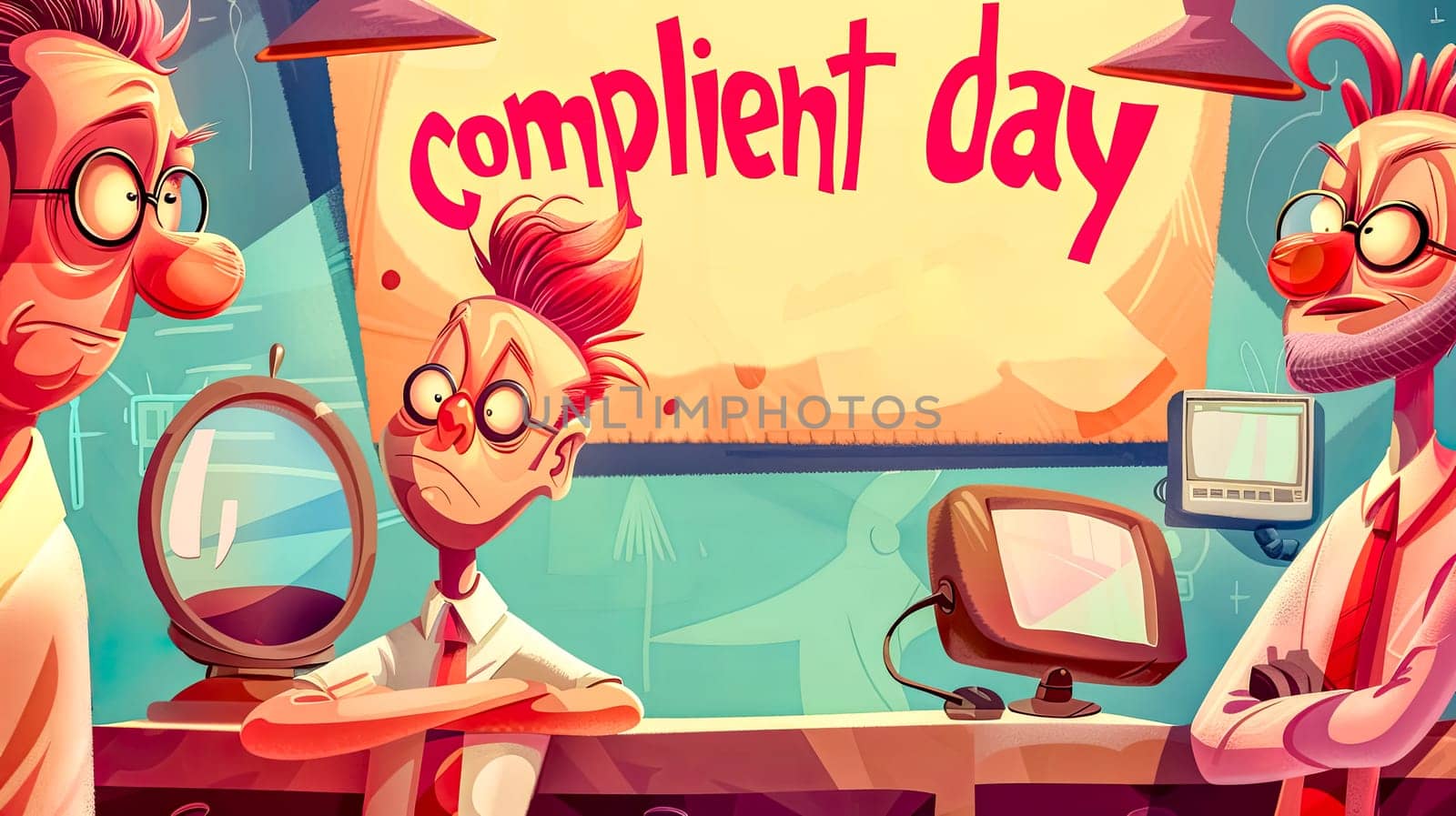 Colorful cartoon illustration of an office scene on compliment day, with two characters reacting