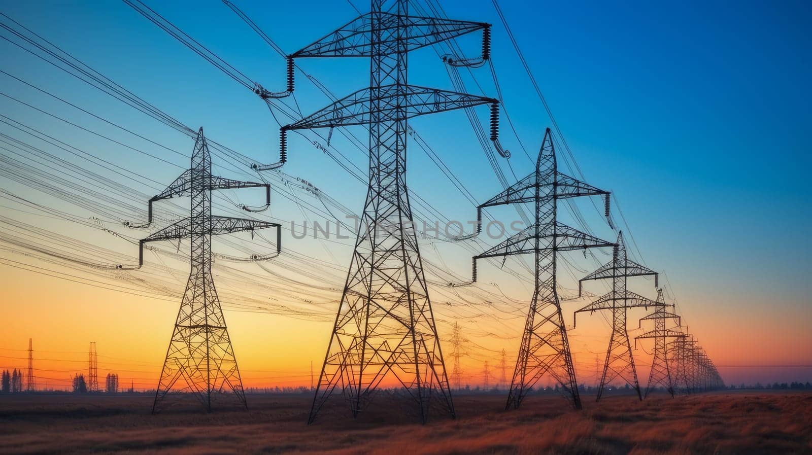 High voltage electrical line. High voltage power transmission tower against a background of blue sky and sun. Electric current runs through wires