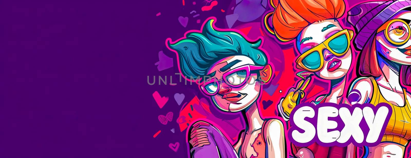 Vibrant pop art illustration featuring stylish young women with bold makeup and sunglasses