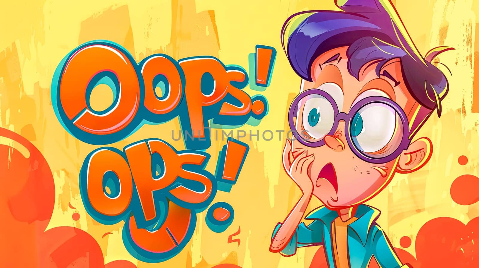 Colorful illustration of a young boy with a surprised and apologetic expression, saying oops!