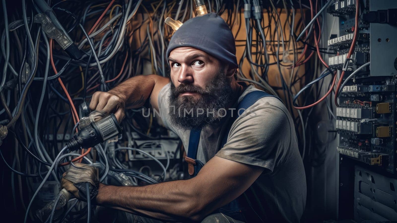 A male electrician is working and is entangled in a huge number of electrical wires, the fuse of the main electrical circuit and the power system. Electric current runs through wires. Transformer box