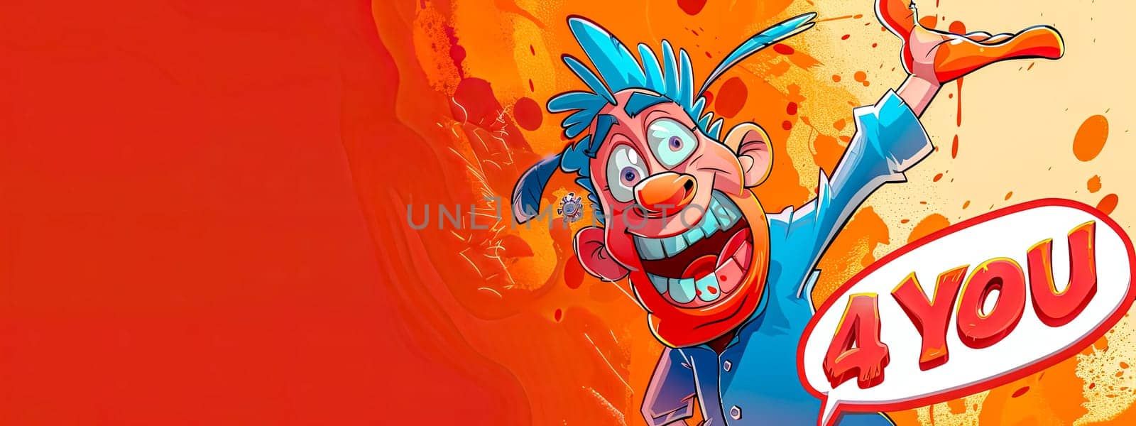 A colorful, animated clown with a playful 4 you sign on a vibrant orange background