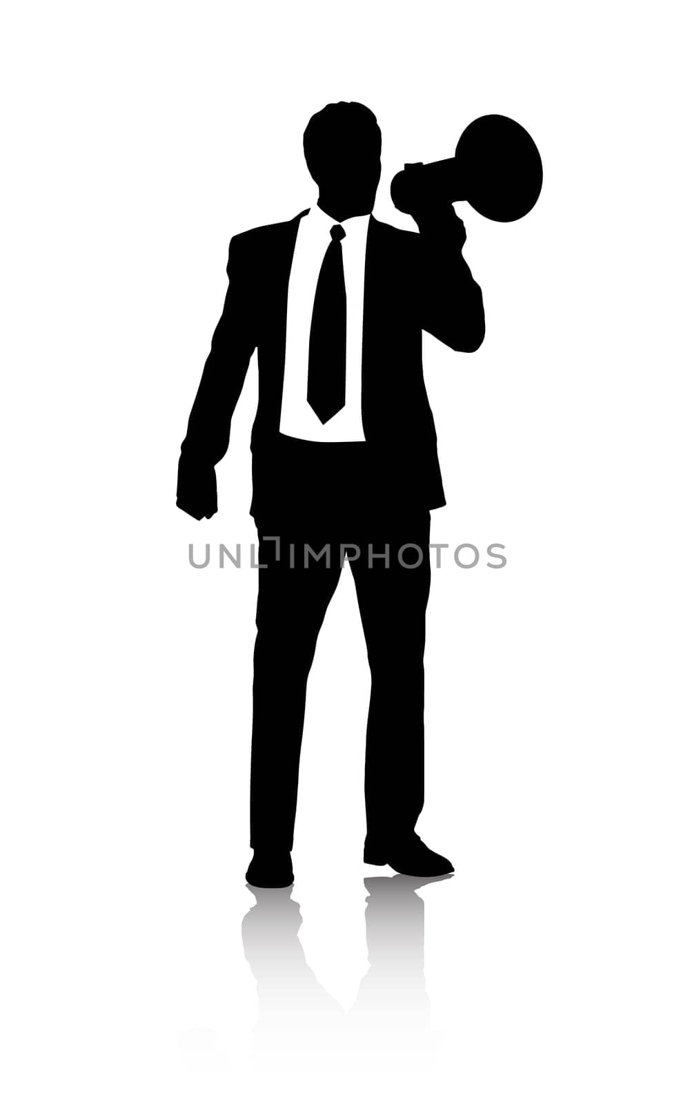 Businessman, suit and talking on bullhorn by white background and silhouette of working in corporate. Hr professional, broadcast or communication of recruitment or attention for hiring in abstract.