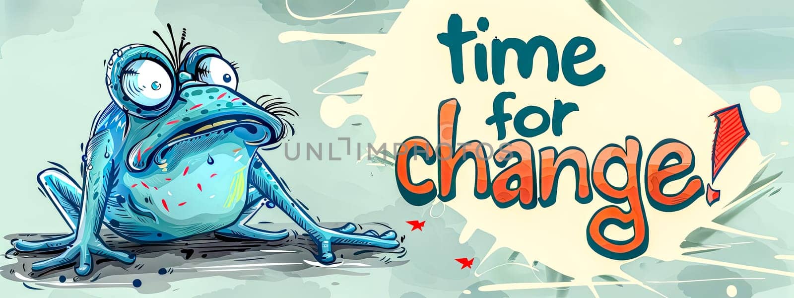 Colorful illustration of an expressive frog beside a motivational message on change